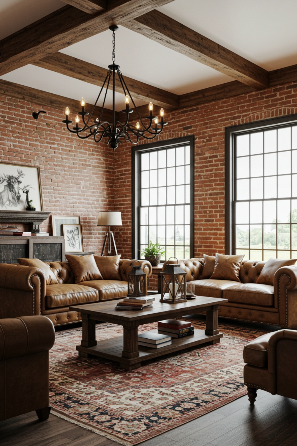 Industrial Rustic Living Room With Red Brick Walls 
