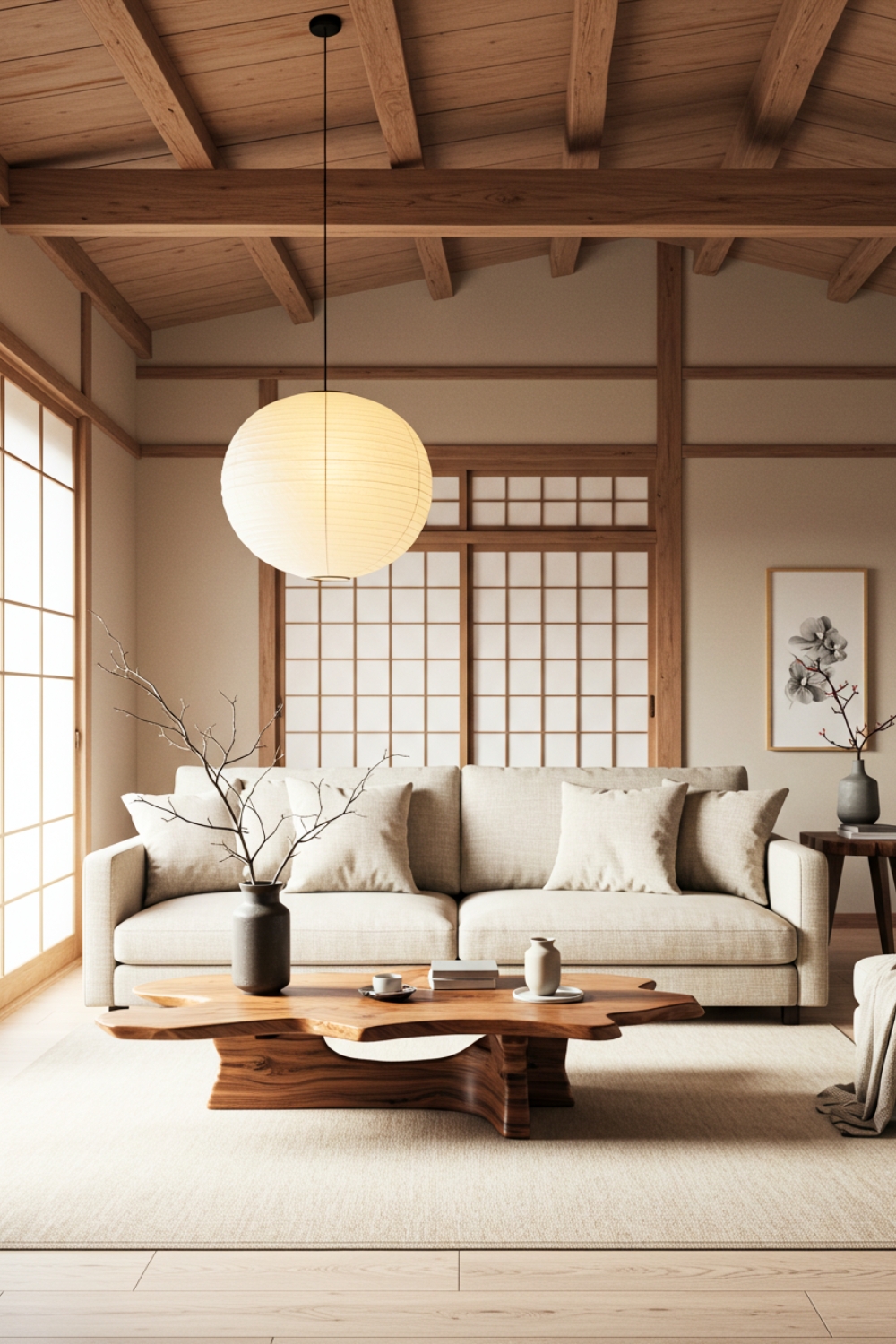 Japanese Minimalist Living Room With Shoji Doors 