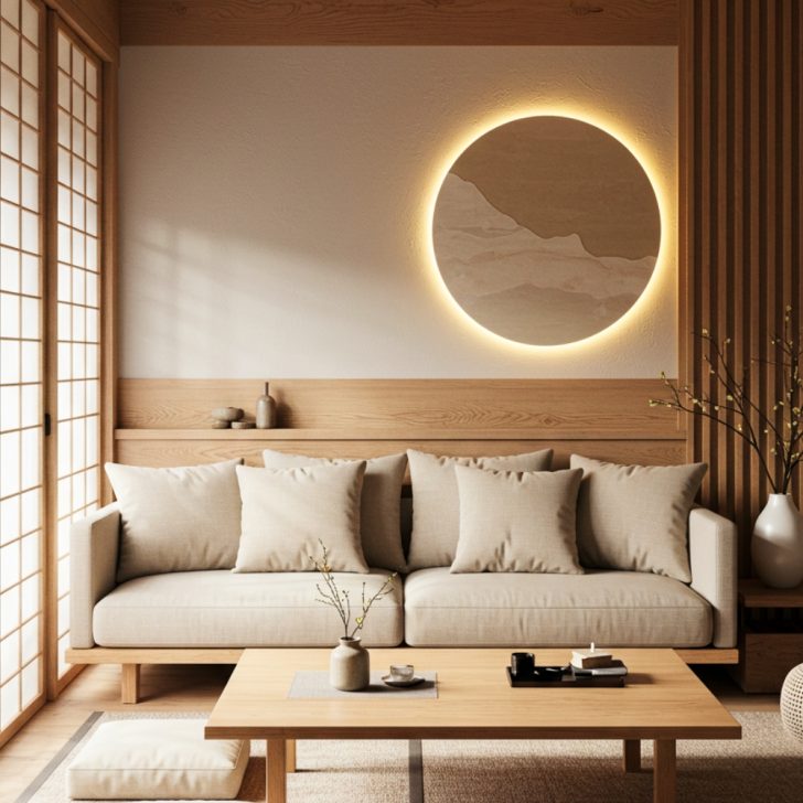 Japanese Zen Living Room With Shoji Screen Windows Low Neutral Sofa