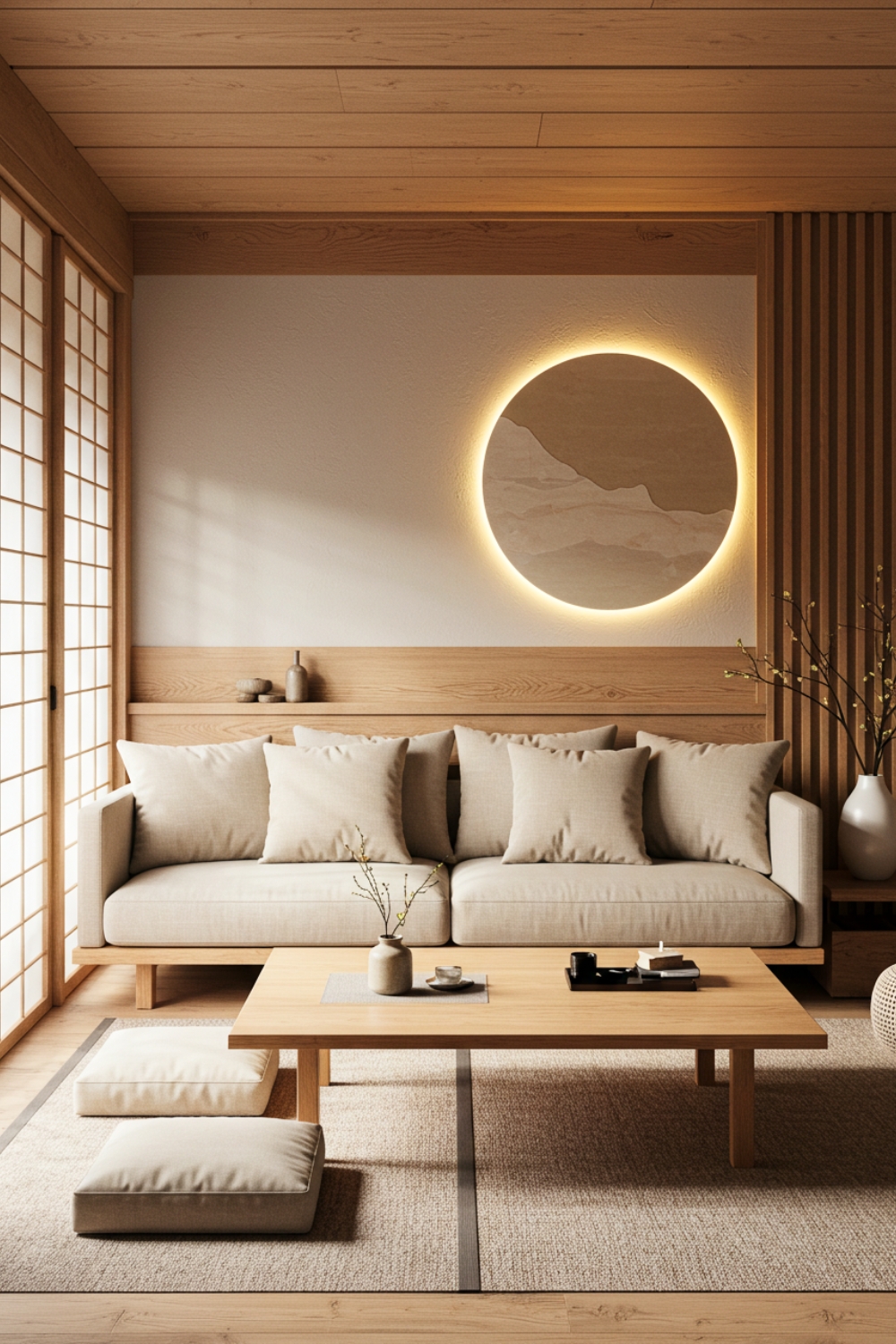 Japanese Zen Living Room With Shoji Screen Windows Low Neutral Sofa