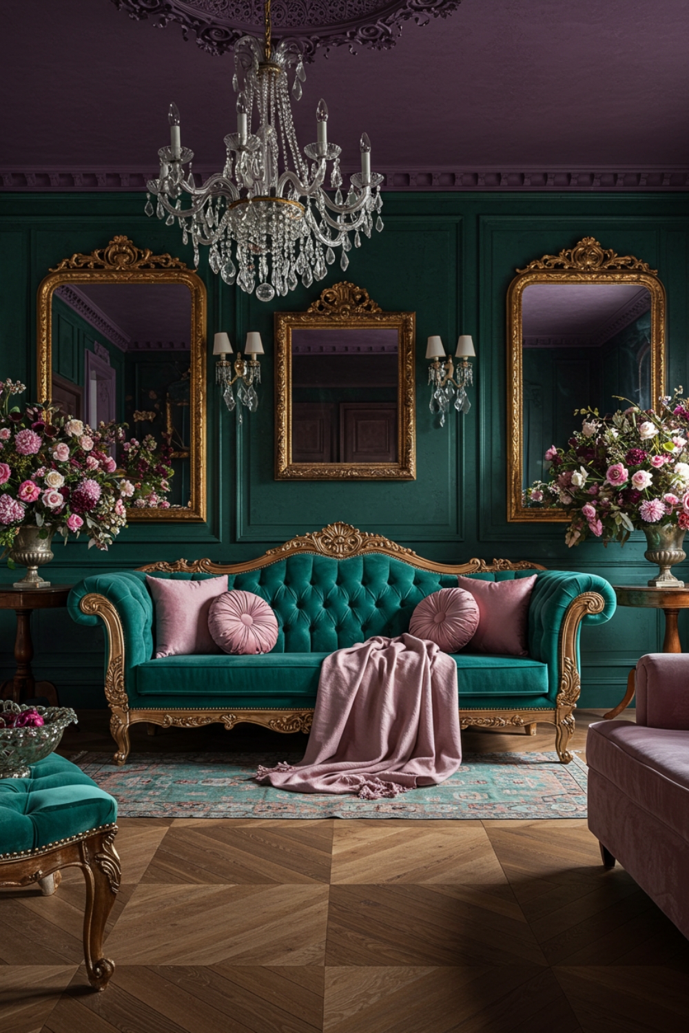 Baroque Living Room With Teal Tufted Sofa 