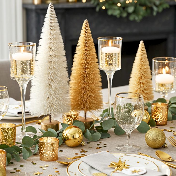 Luxurious Christmas Table Setting With Gold And White Bottle Brush Trees
