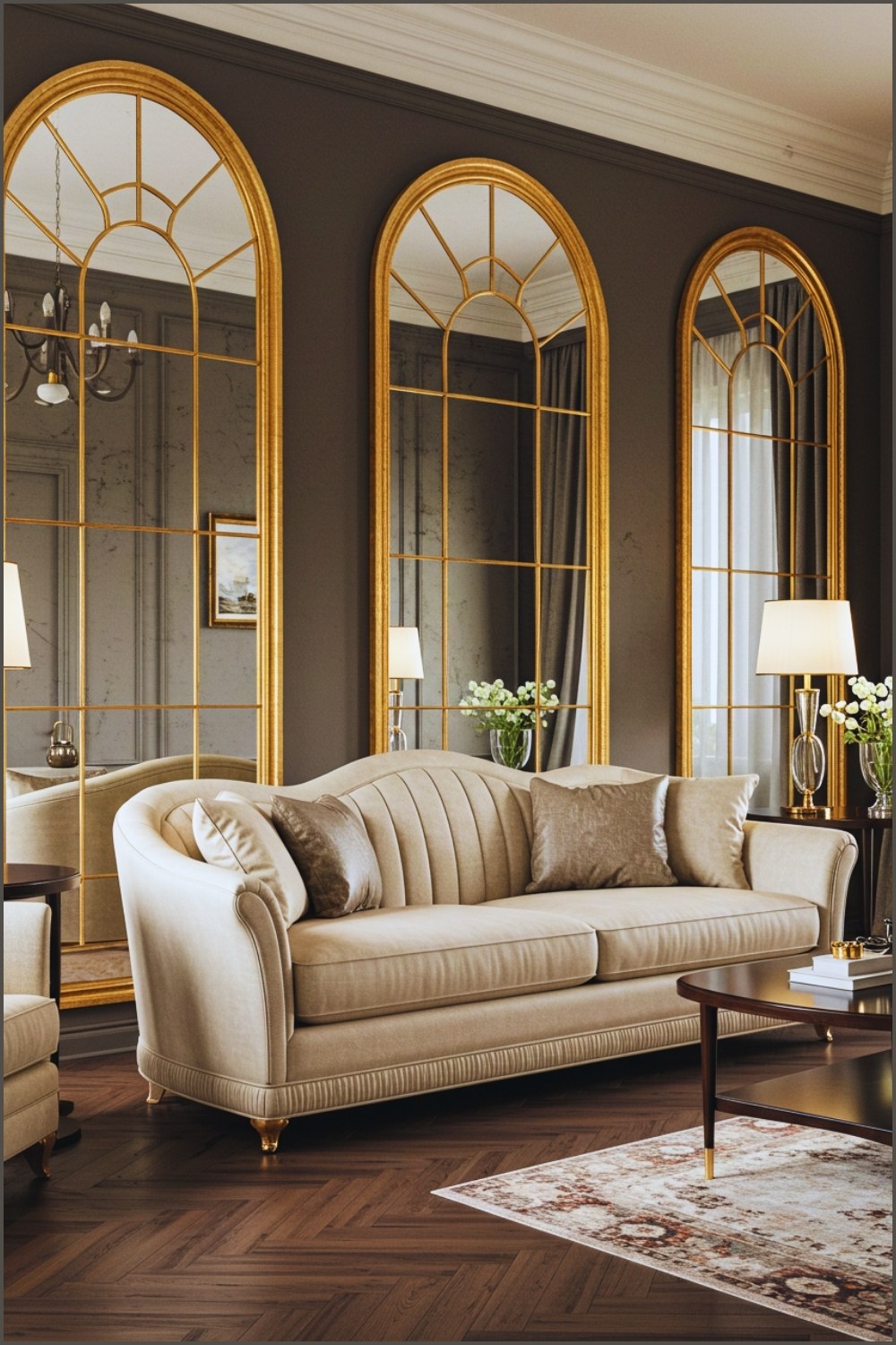 Luxurious Classic Living Room, Tall Arched Gold Framed Mirrors