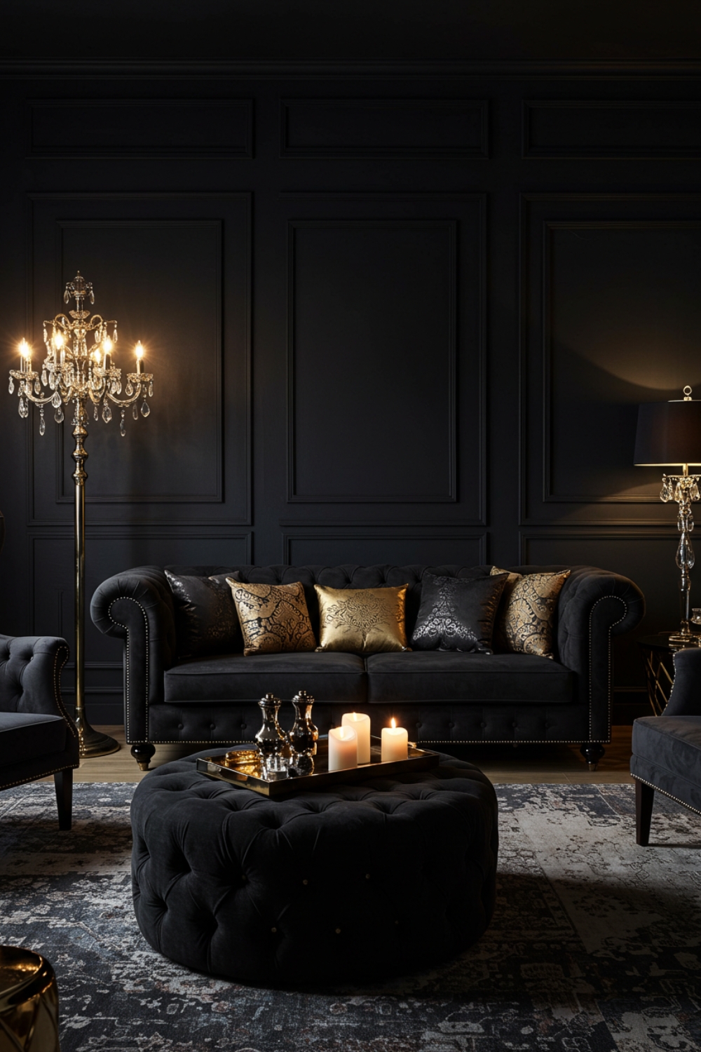 Glam Living Room With Black Velvet Chesterfield Sofa And Armchair 