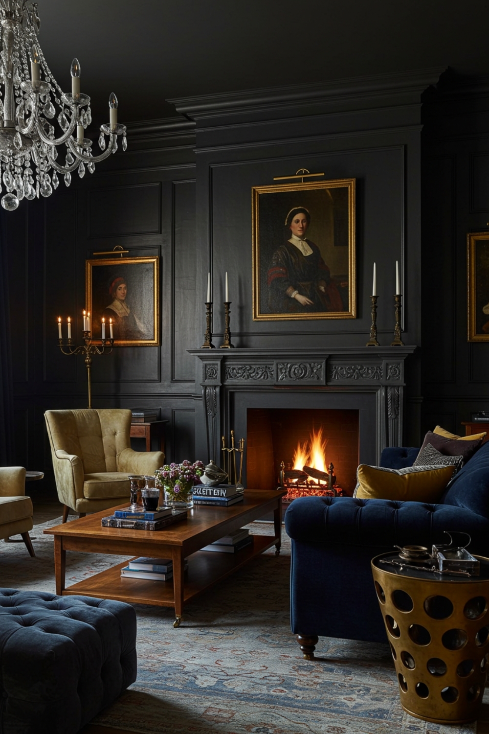 Luxurious Living Room With Ornate Fireplace And Classic Portrait 
