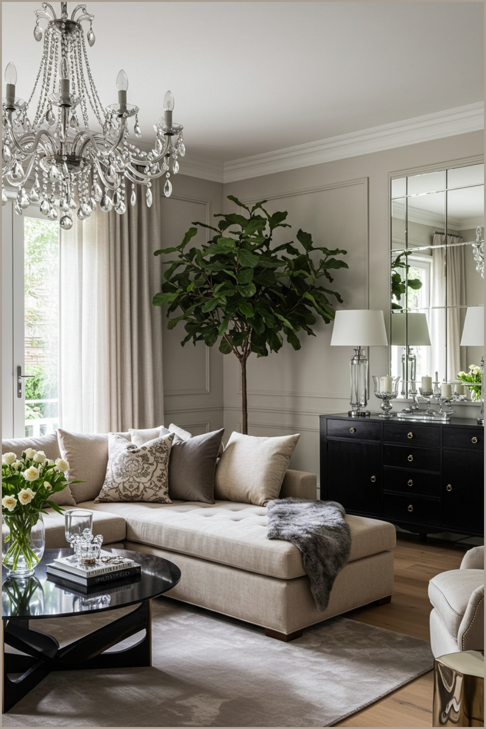 Luxurious Elegant Living Room With A Grand Crystal Chandelier, Beige Sectional Sofa