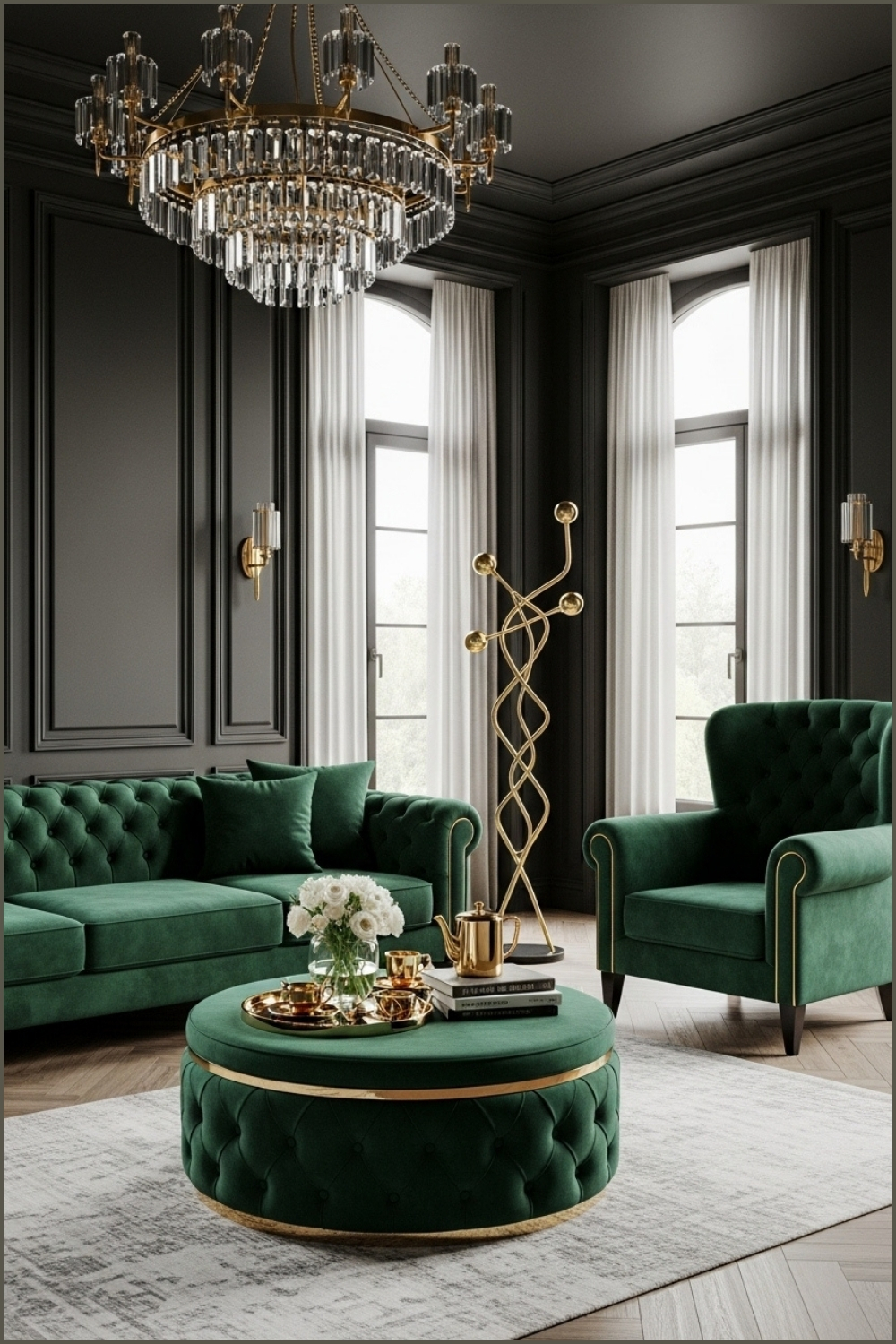 Luxurious Living Room With Deep Emerald Green Tufted Velvet