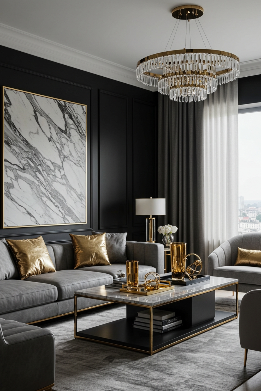 Modern Living Room With Black Walls And Marble Art 