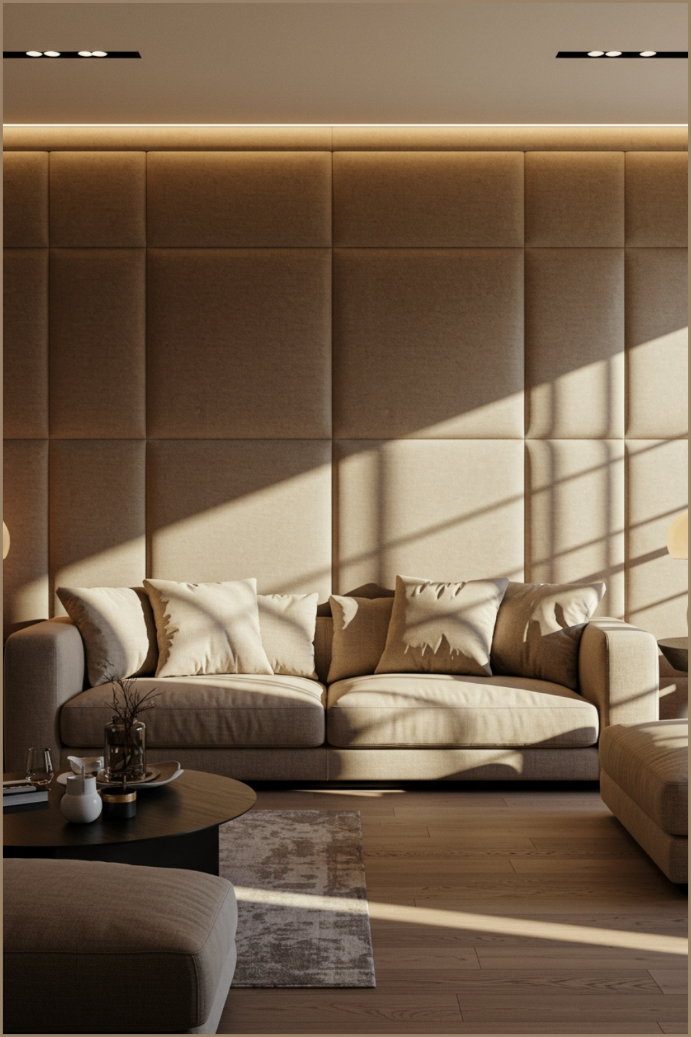 Luxurious Modern Living Room With Large Padded Upholstered Wall
