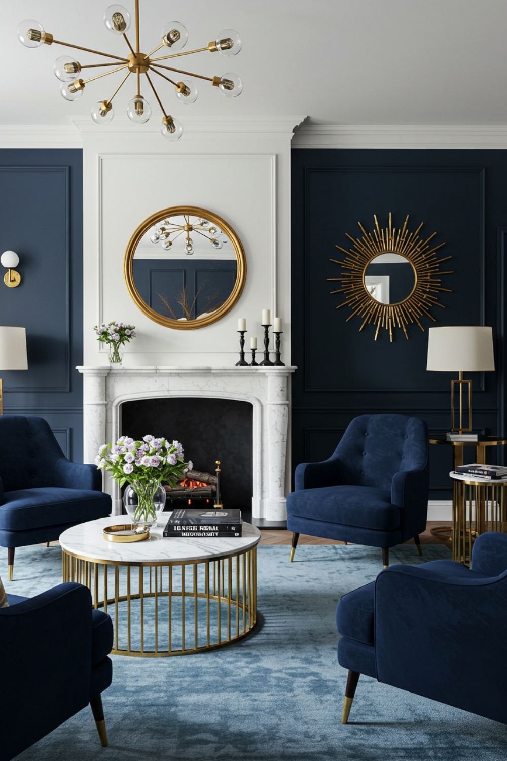 Modern Living Room With Navy Velvet Armchairs And White Fireplace 