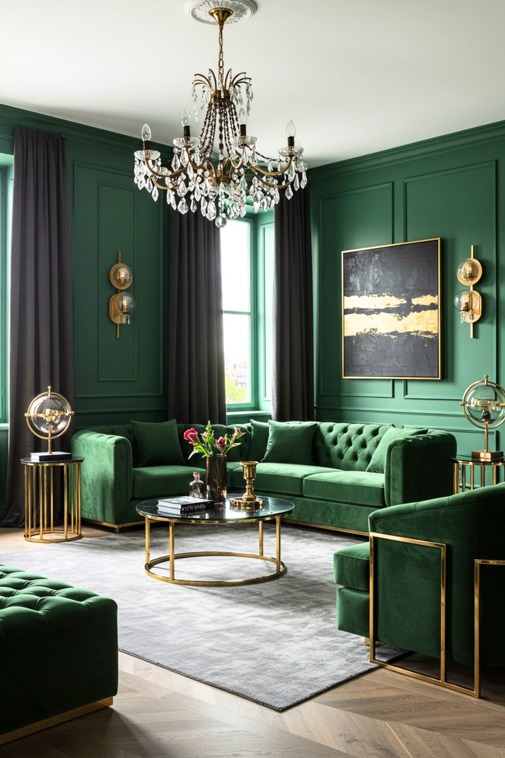 Neoclassical Living Room With Emerald Walls And Gold Trim 