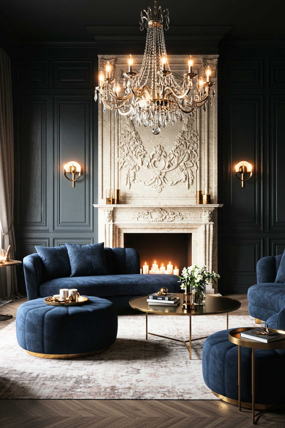 Neoclassical Living Room With Navy Velvet Sofa And Ottoman 