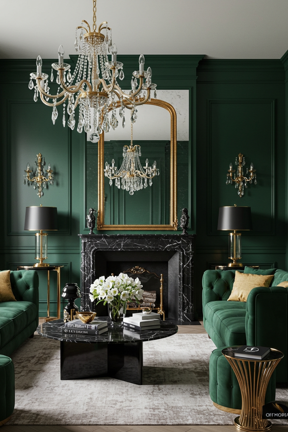 Neoclassical Living Room With Emerald Walls 