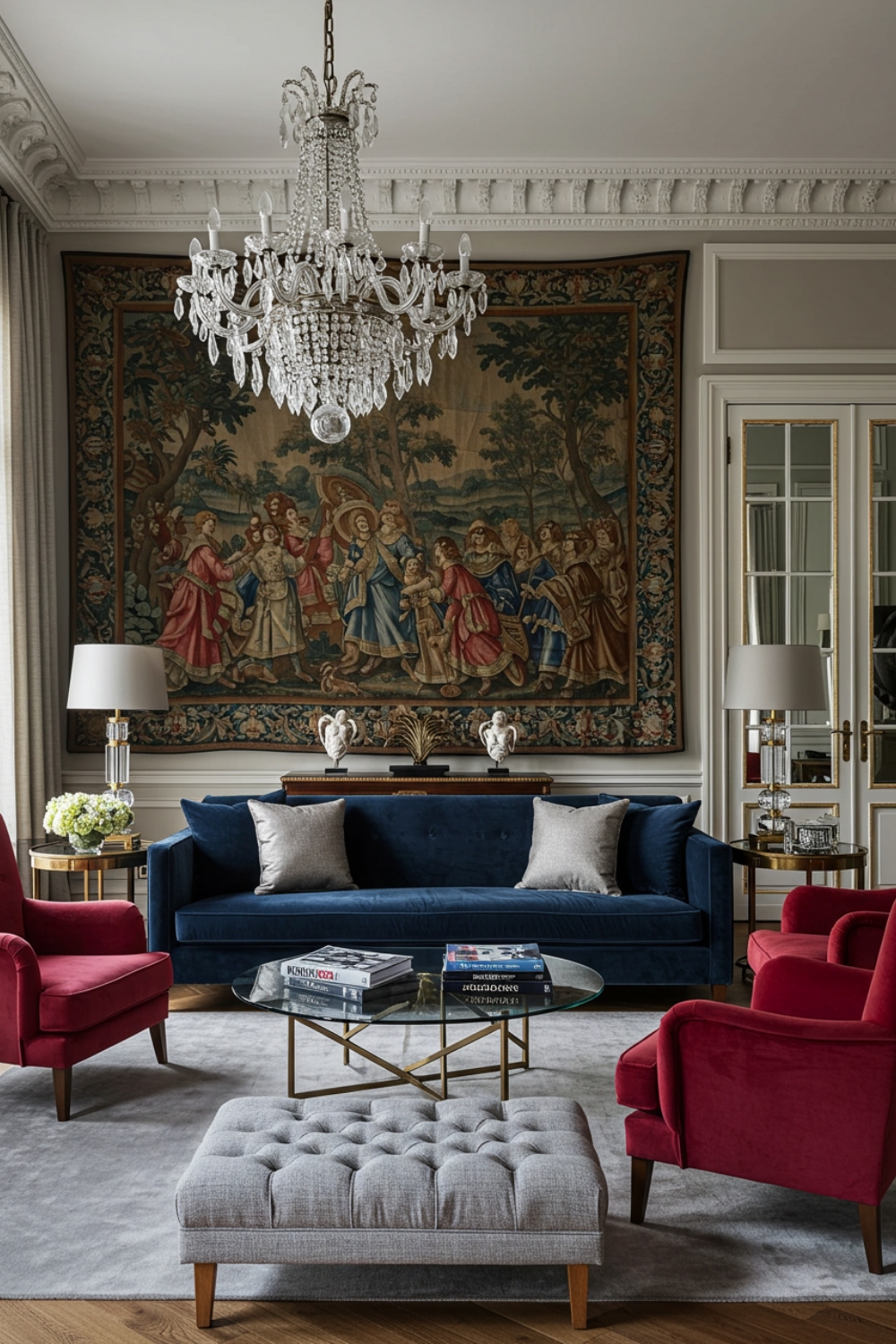 Parisian Living Room With Crystal Chandelier And Dramatic Look 