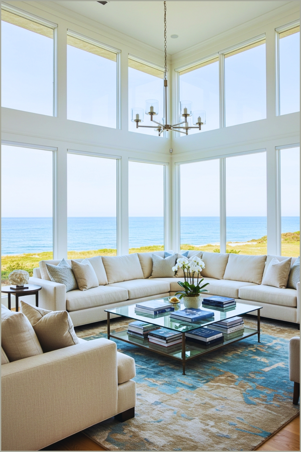 Luxury Coastal Living Room With Floor To Ceiling Windows Showcasing