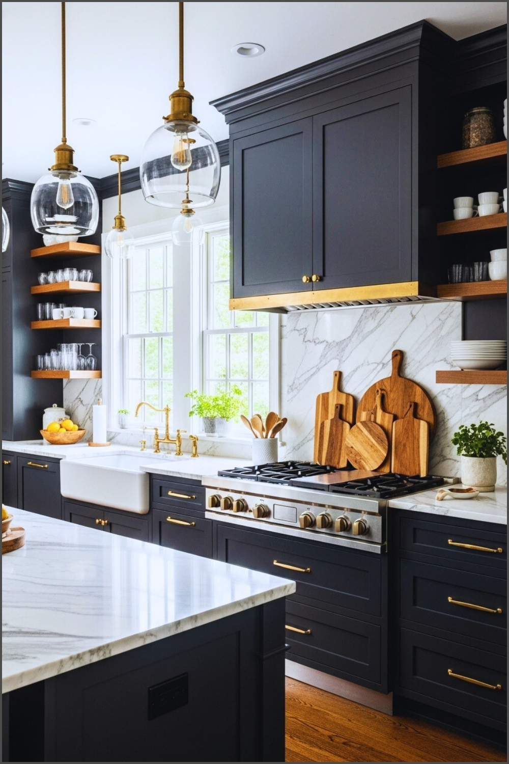Luxury Kitchen Dark Cabinetry Marble Countertops Farmhouse Sink Brass