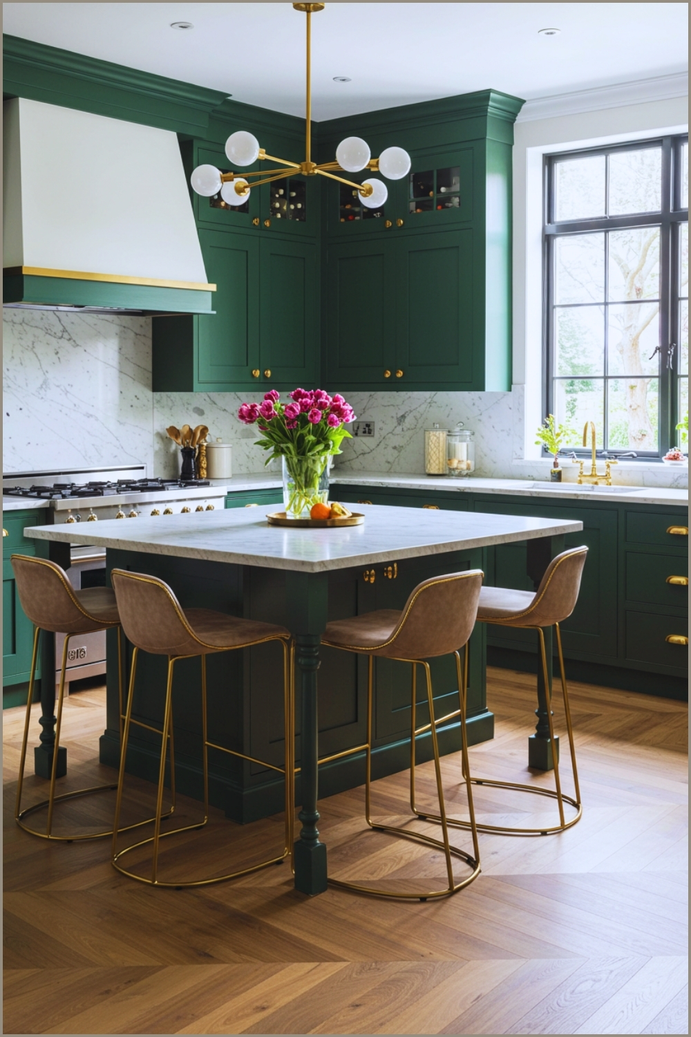 Luxury Kitchen Interior With Dark Green Cabinets Elegant Gold Handles