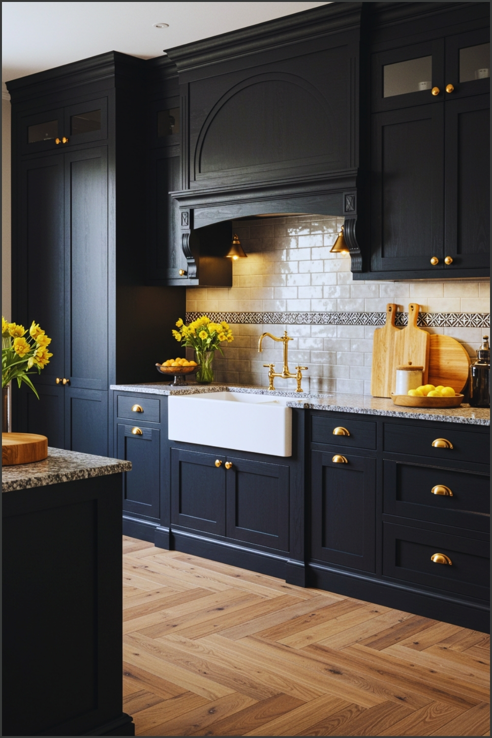 Luxury Kitchen Interior With Elegant Black Cabinetry Gold Handles