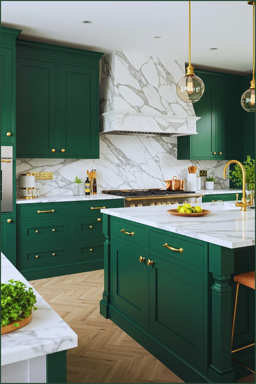 Luxury Kitchen Interior With High Gloss Emerald Green Cabinets Gold Handles