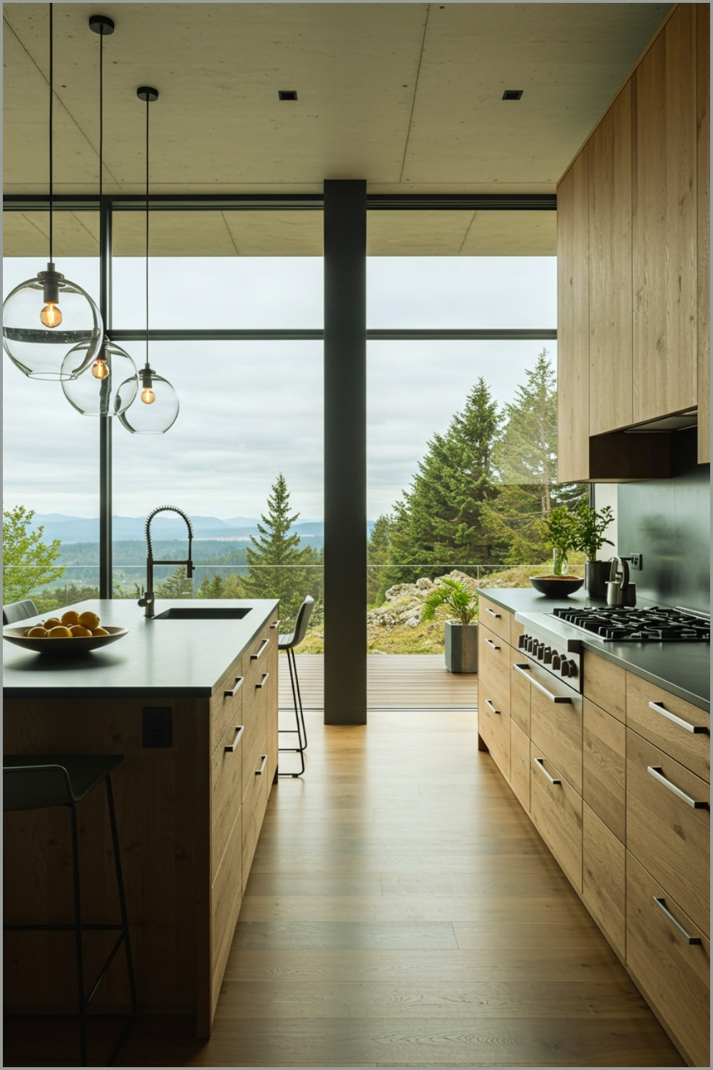 Luxury Modern Kitchen, Floor-to-ceiling Windows, Warm Wooden Cabinetry