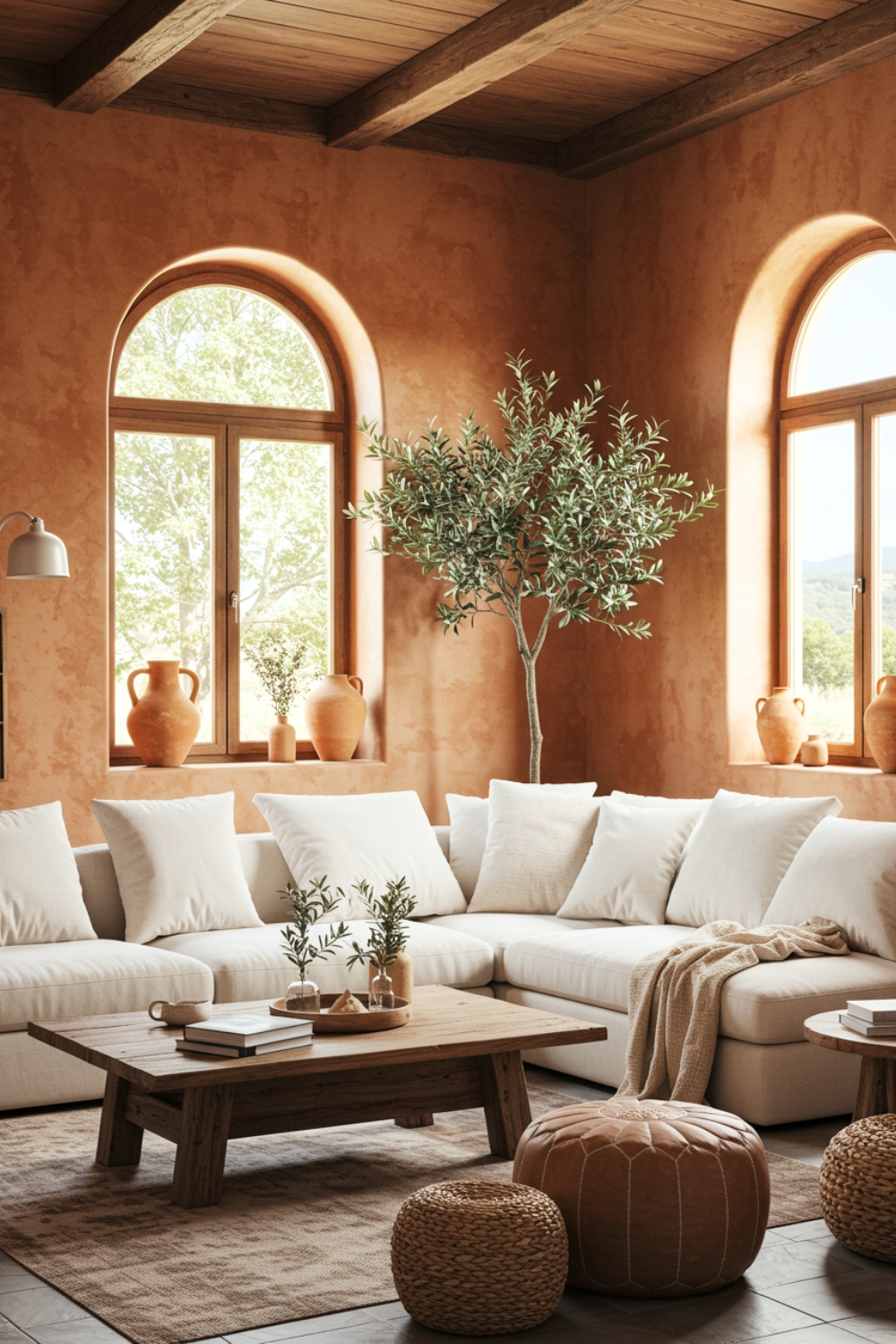 Mediterranean Bohemian Living Room With Terracotta Walls 