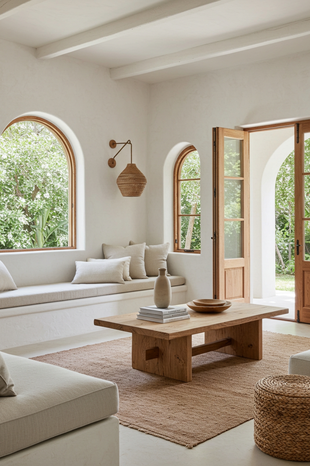 Mediterranean Minimalist Living Room With White Walls 
