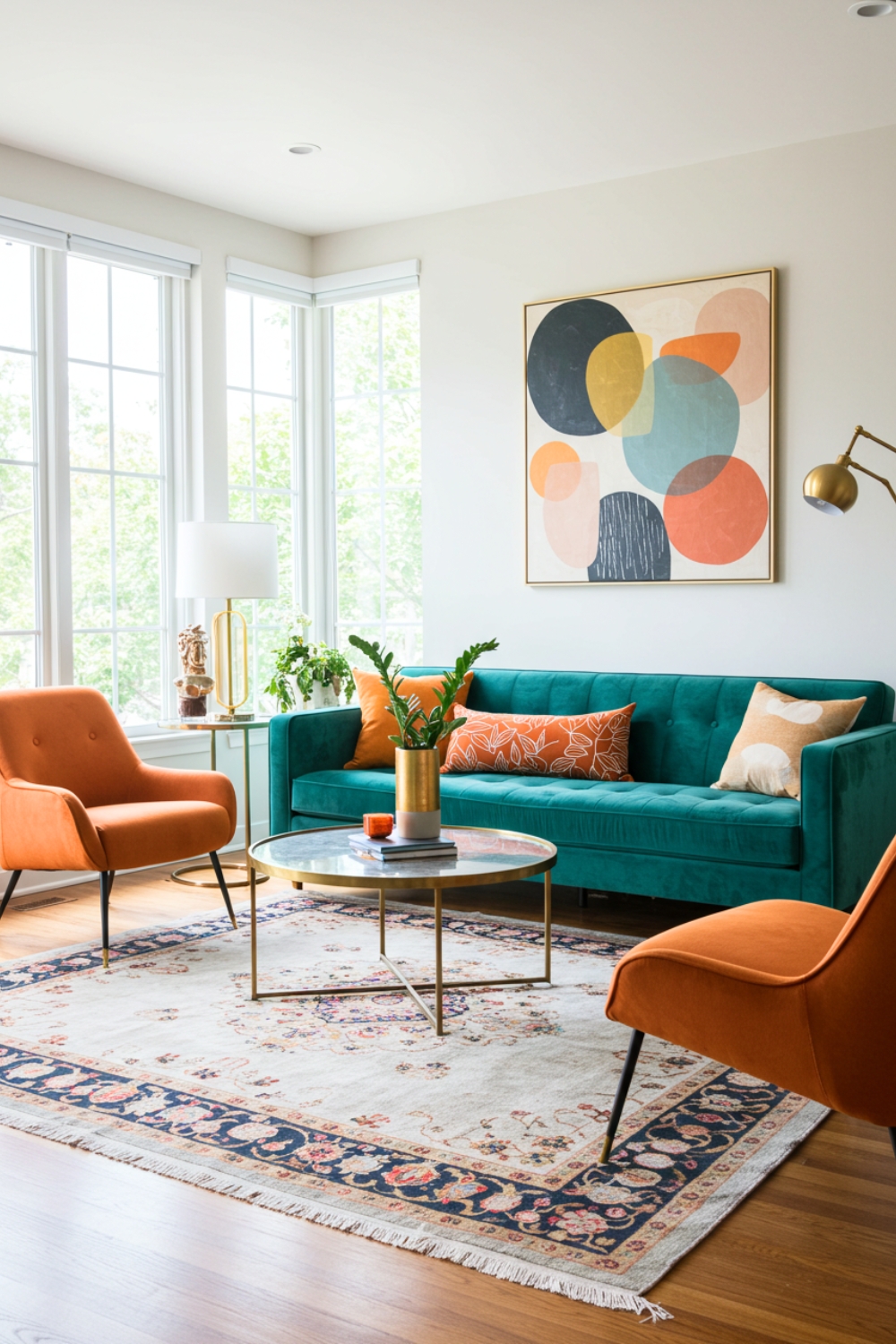 Mid-century Modern Living Room With Teal Velvet Sofa