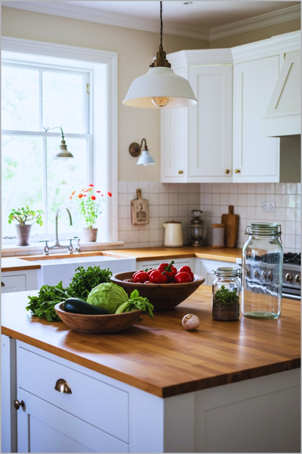Minimal Farmhouse Kitchen, Light Wood Countertop, Fresh Vegetables And Herbs
