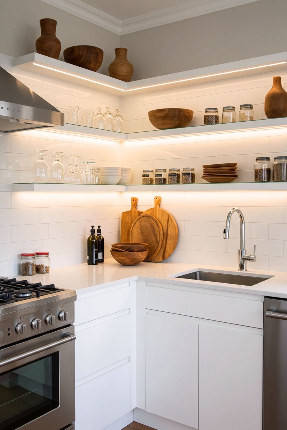 Minimal Modern Kitchen Corner With Glossy White Cabinets