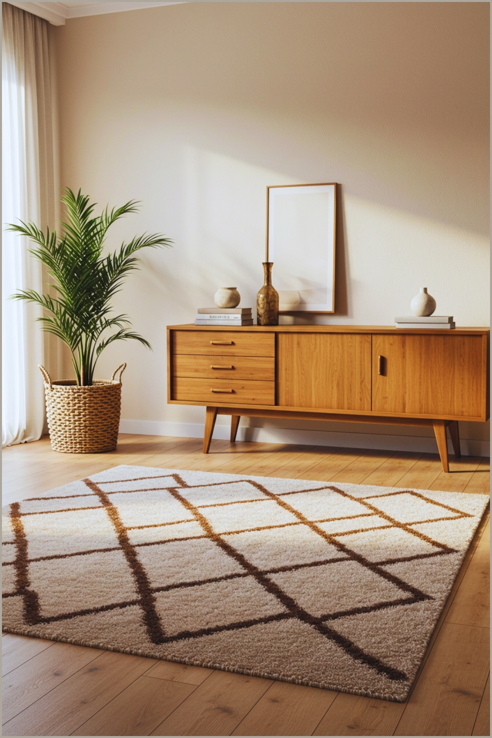 Minimalist Boho Living Space, Light Wood Floor, Zigzag Geometric Rug In Beige And Brown