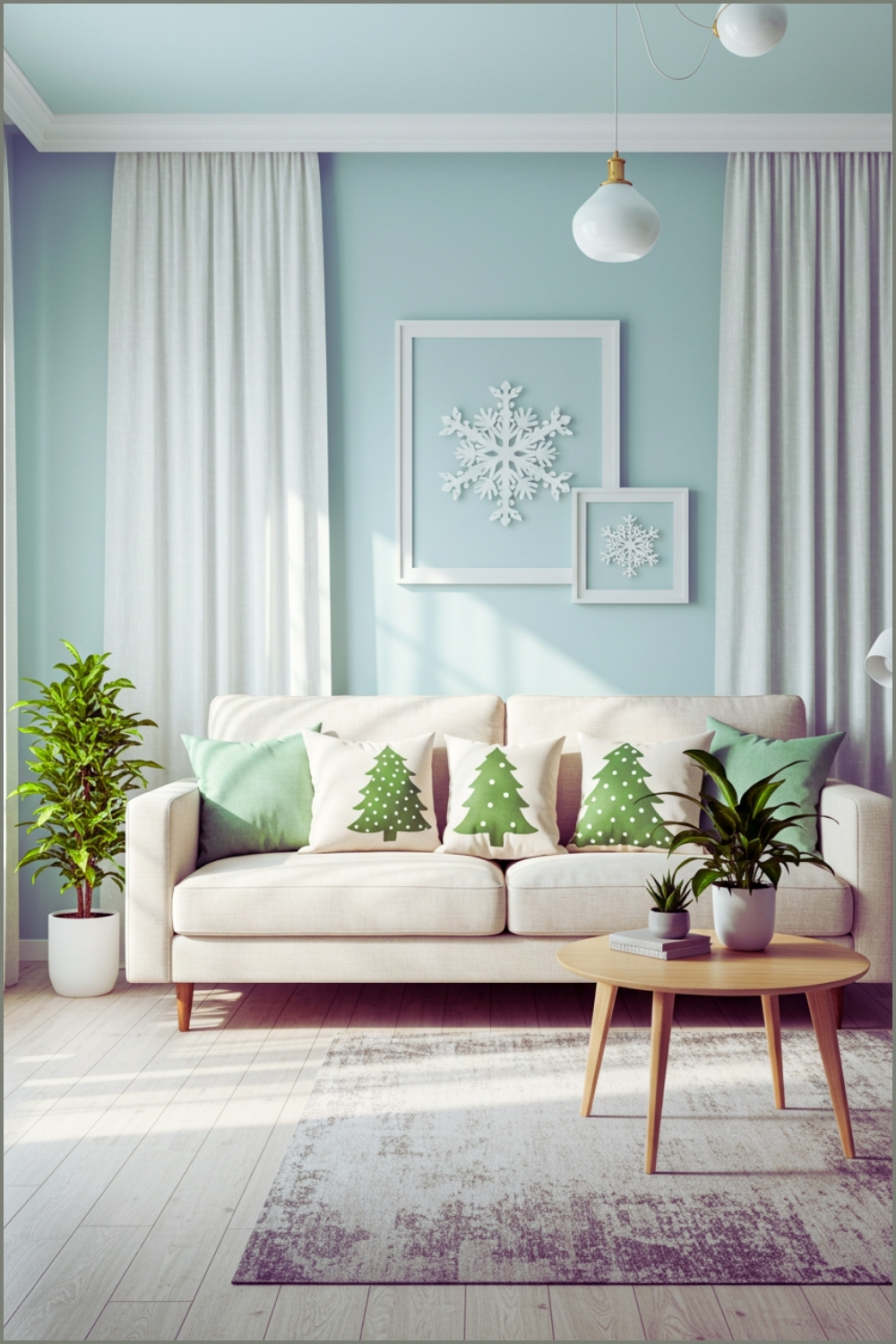 Minimalist Christmas Living Room With Light Blue Walls And Curtains