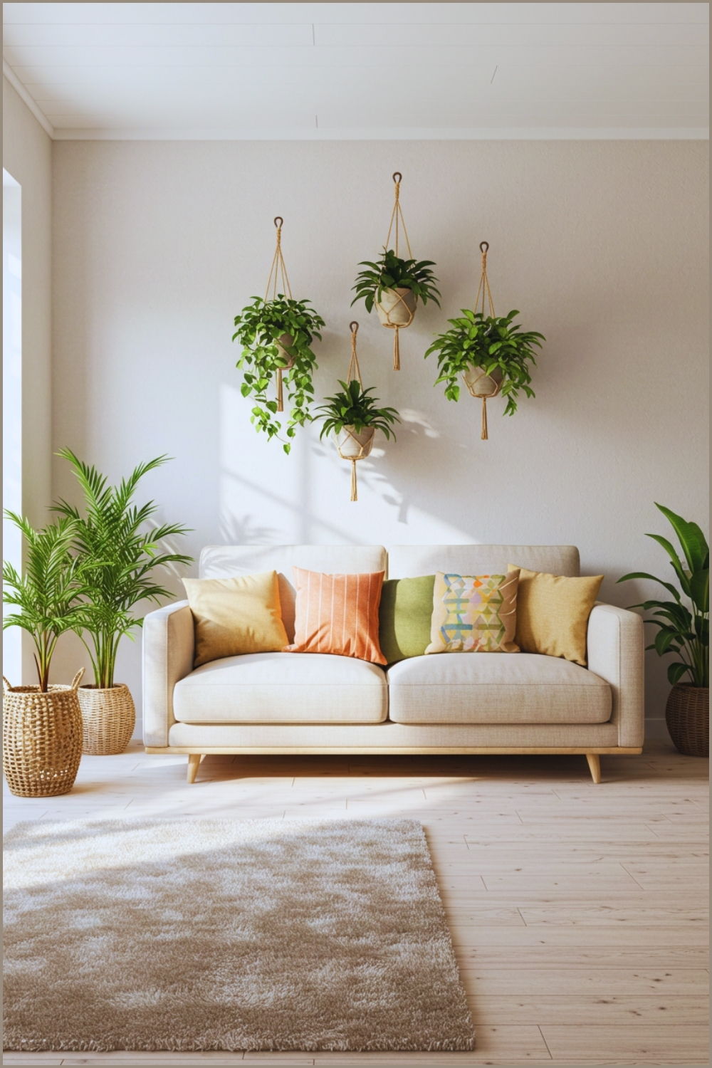 Minimalist Cozy Living Room, Light Beige Sofa With Colorful Throw Pillows