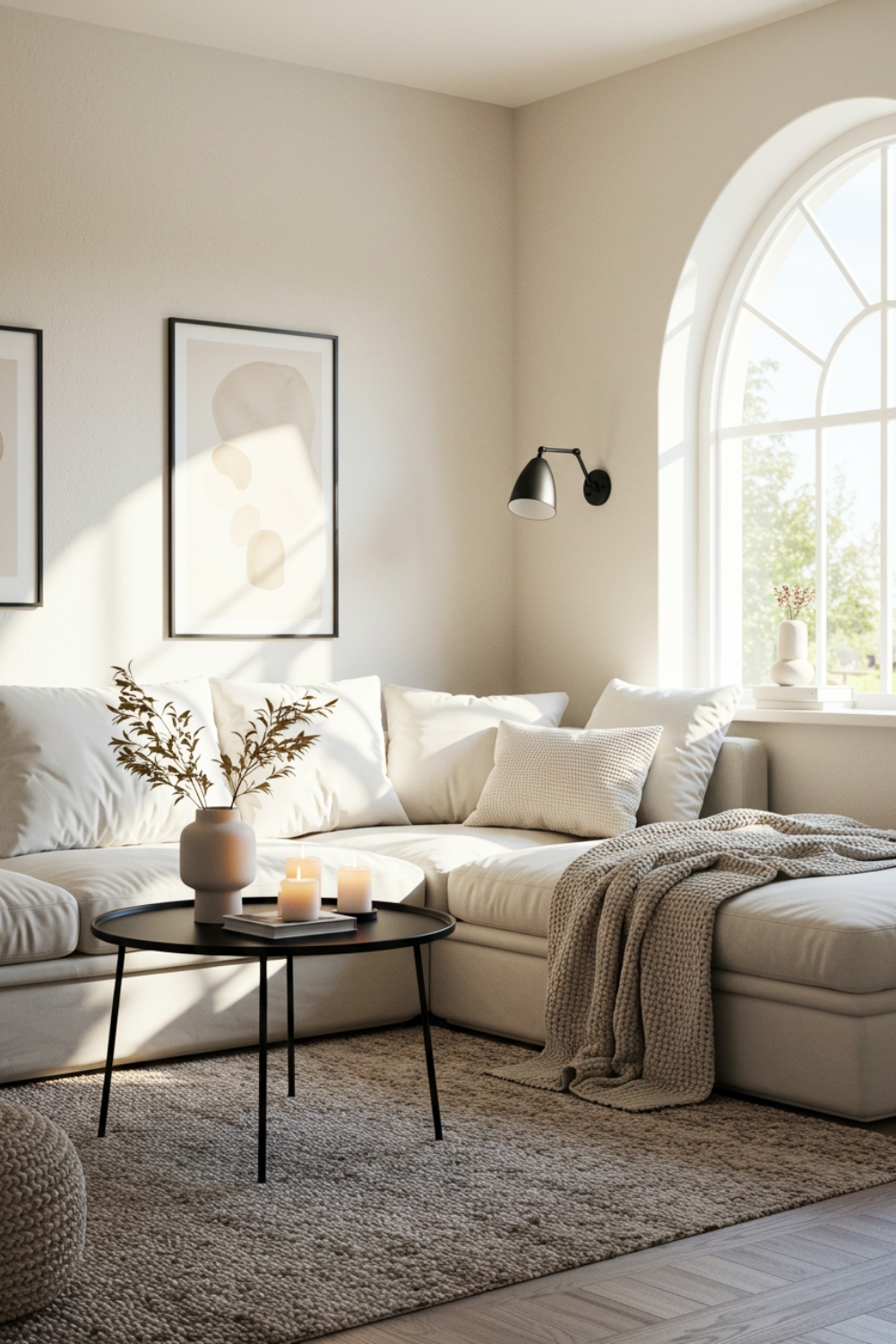 Minimalist Cozy Living Room With All White Sofa And Cushions