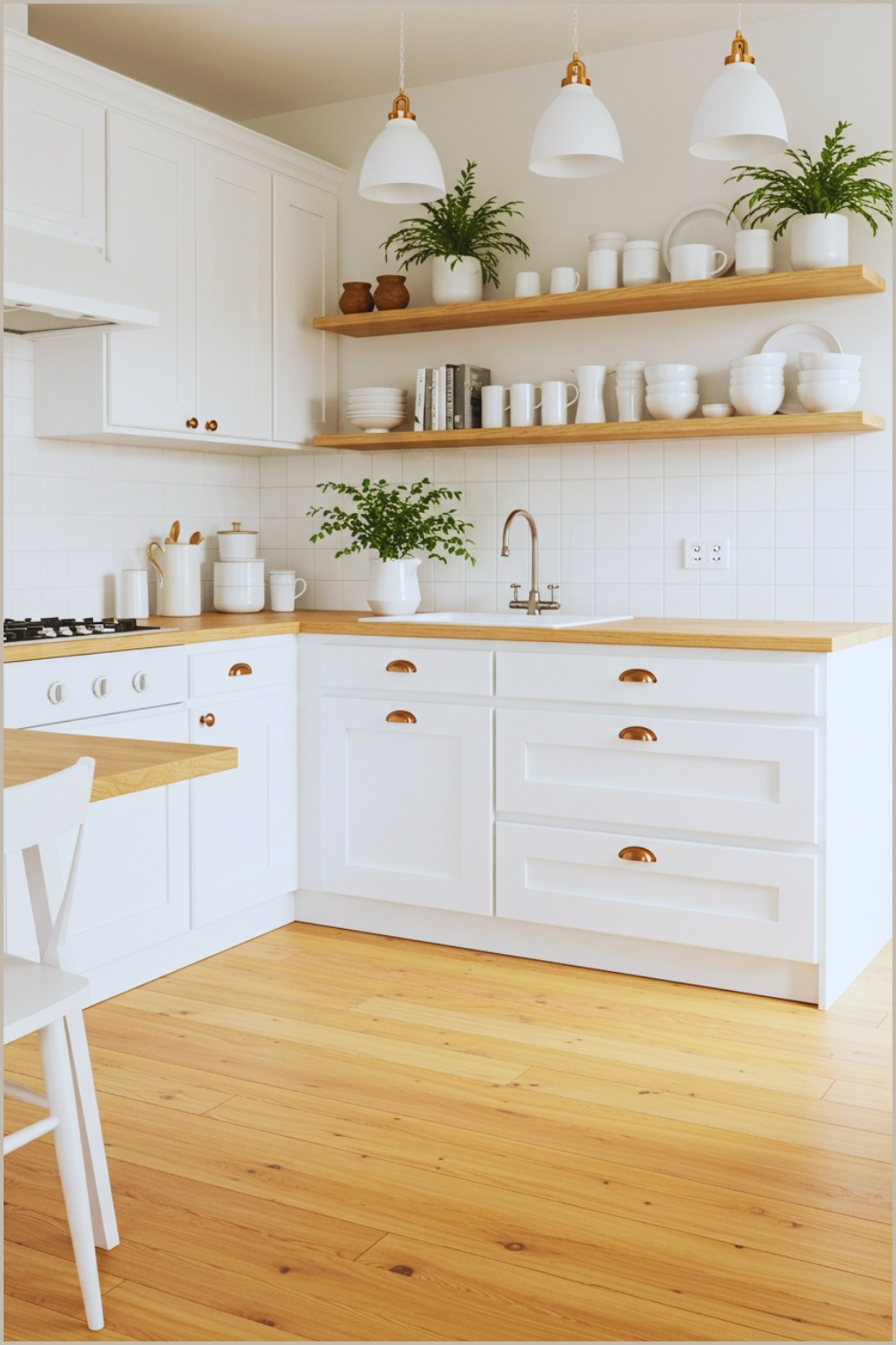Minimalist Farmhouse Kitchen, White Cabinets, Warm Wood Flooring