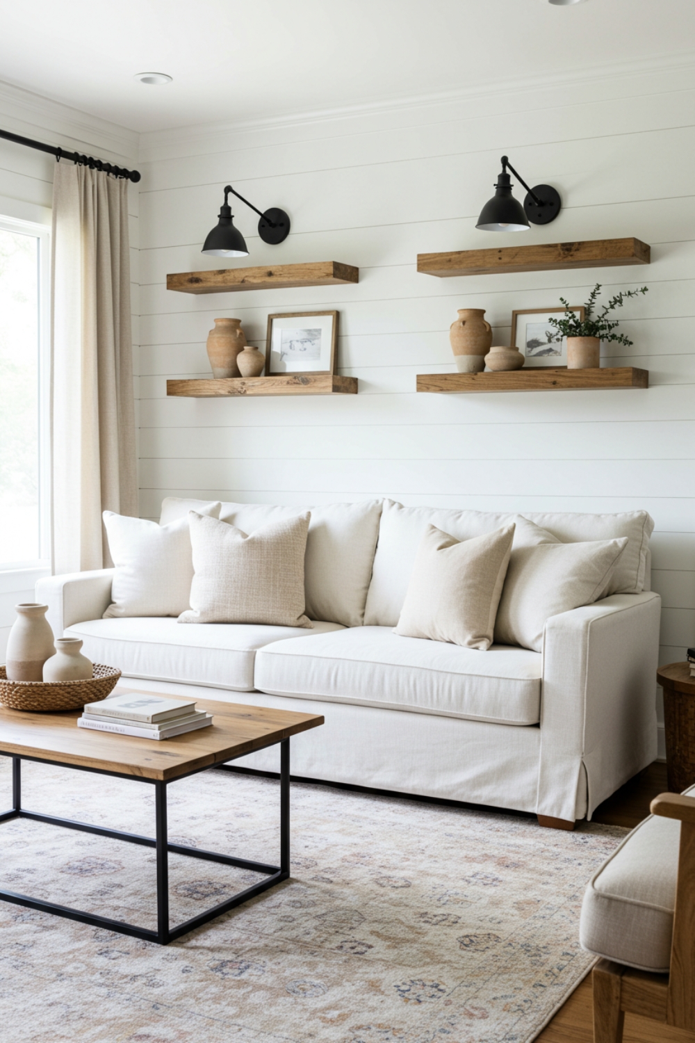 Minimalist Farmhouse Living Room With White Shiplap And Sofa 