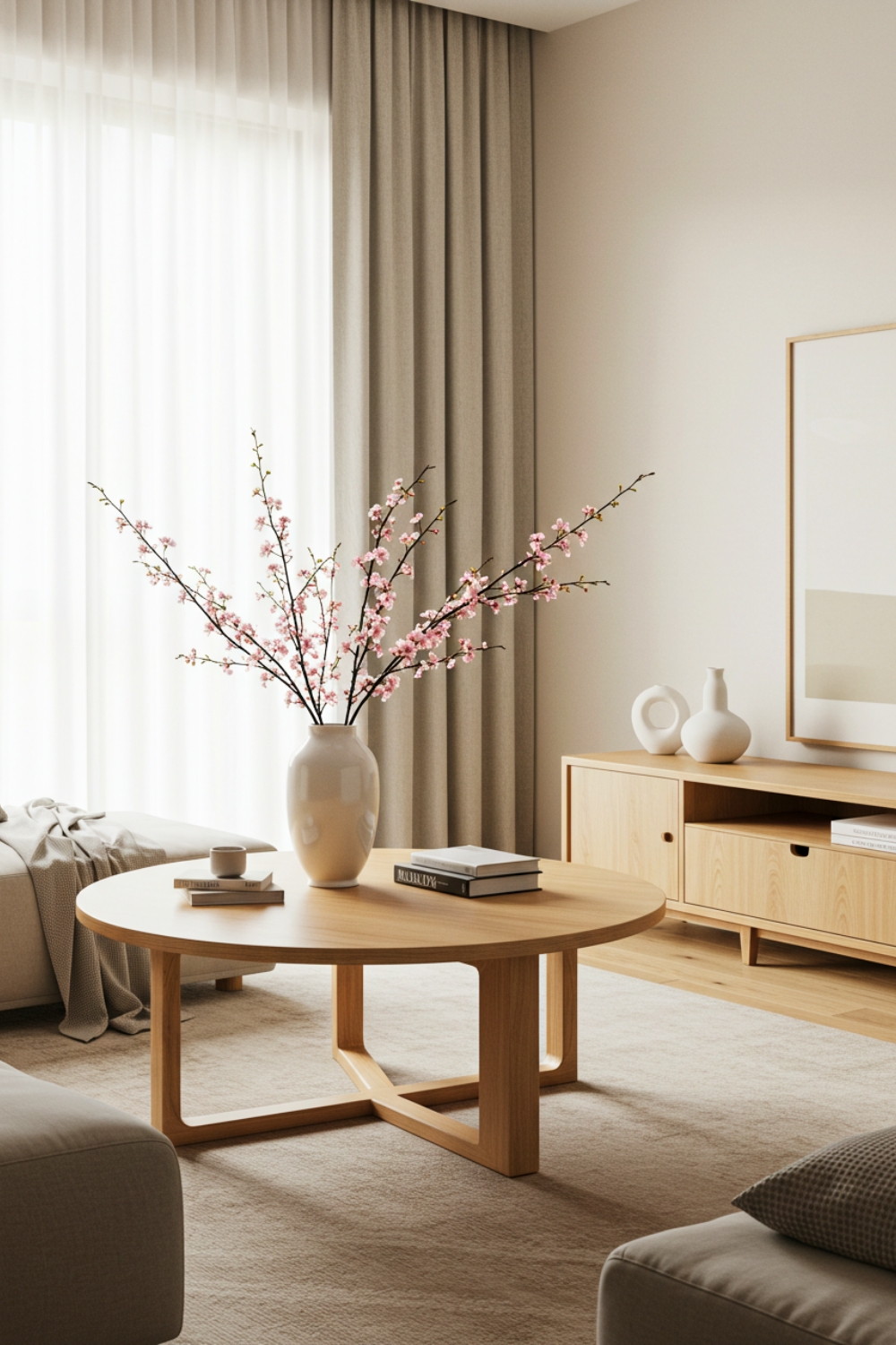 Japanese Inspired Living Room With Round Wooden Coffee Table 