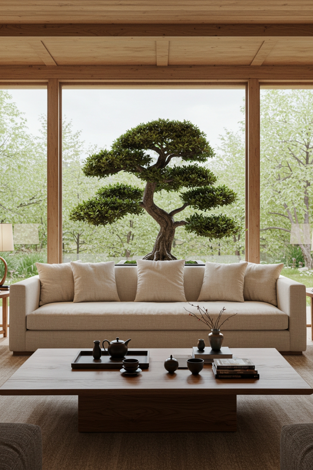 Japanese Zen Living Room With Bonsai Tree Centerpiece