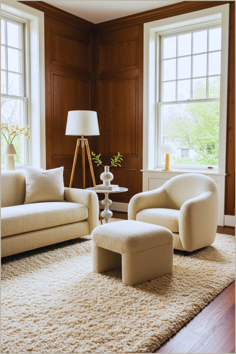 Minimalist Living Room, Large Fluffy Cream Shag Rug, Modern Boucle Armchair