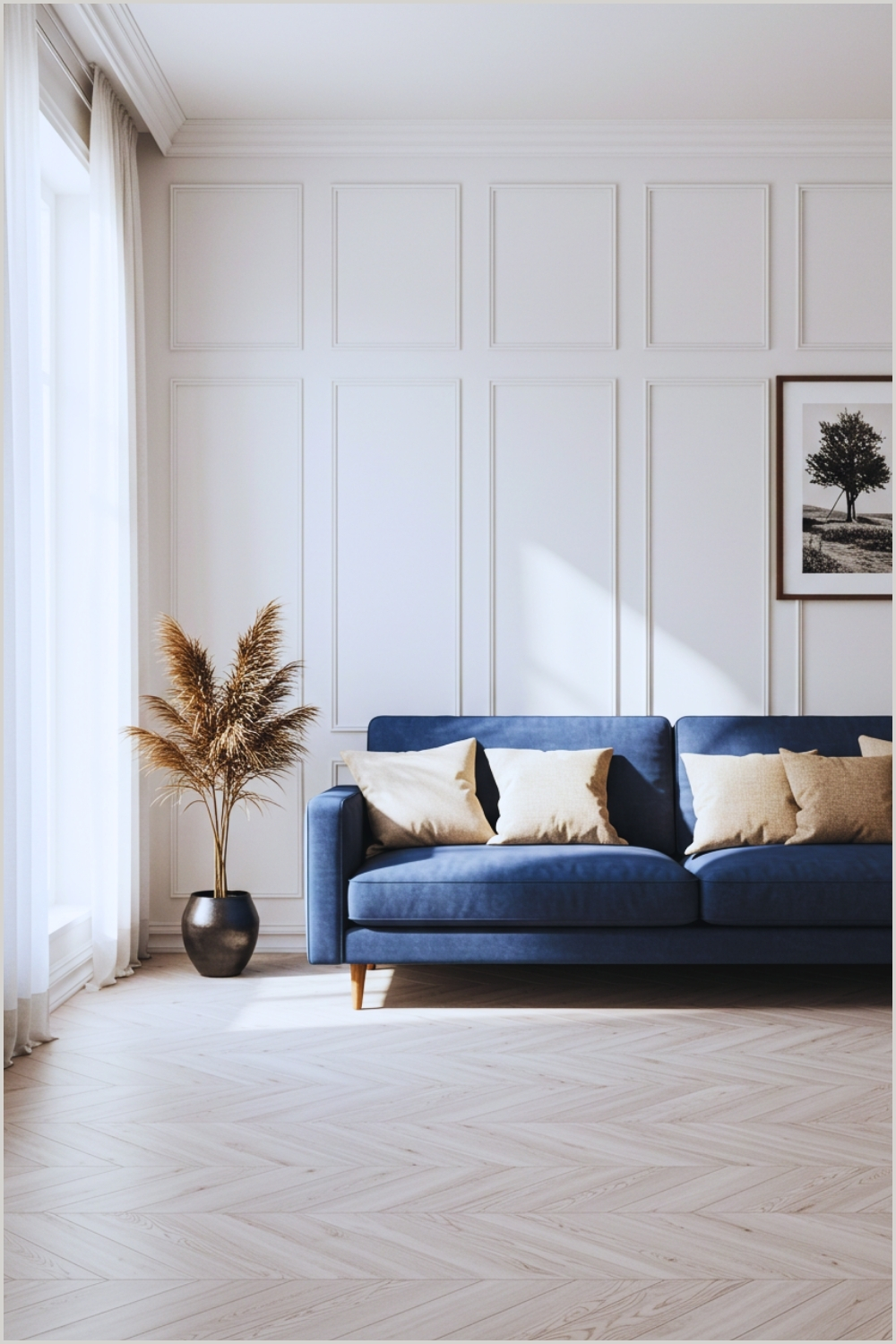 Minimalist Living Room With White Paneled Walls