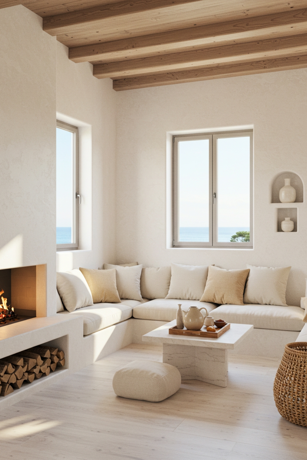 Minimalist Mediterranean Living Room With Built-in White Sofa 