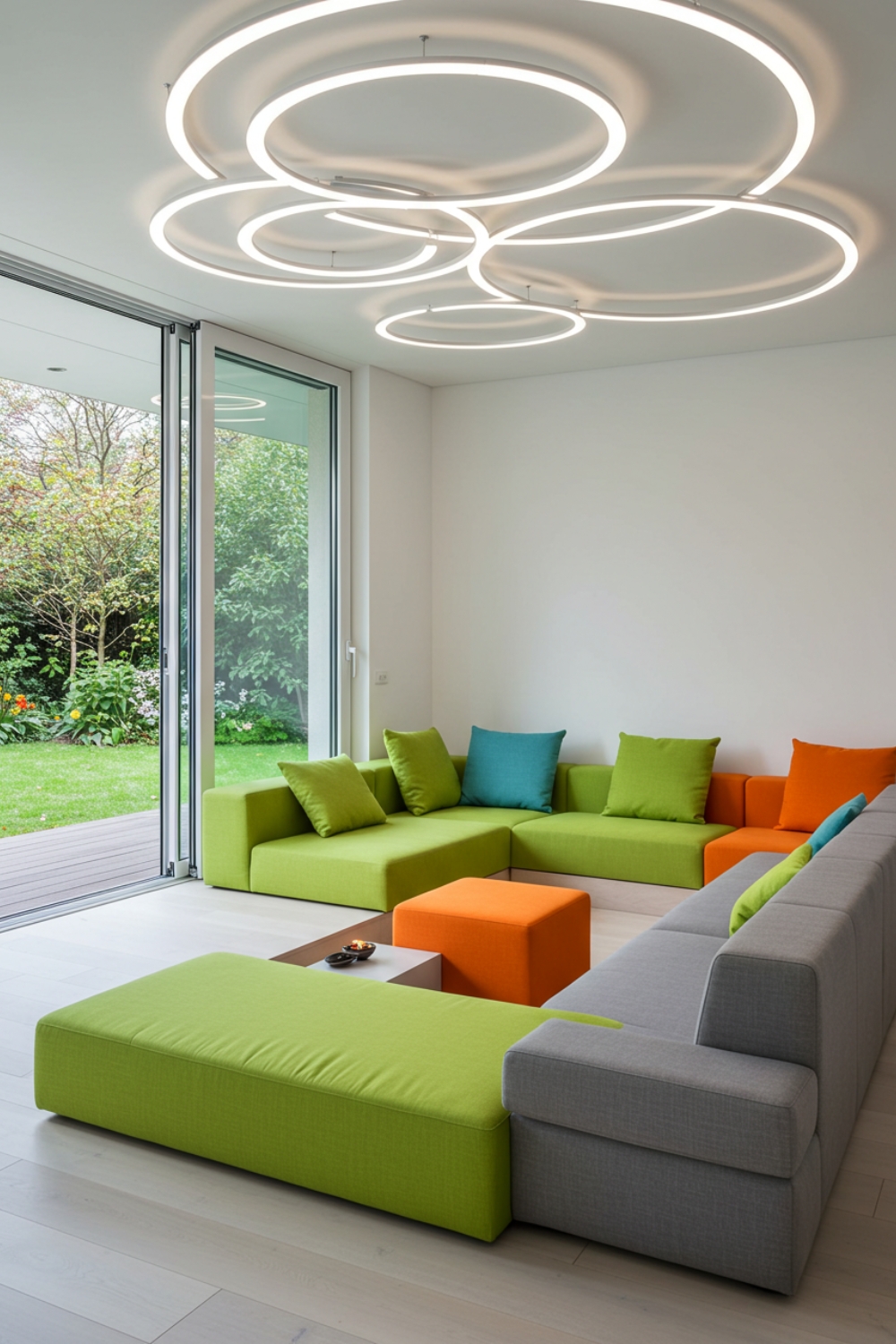 Modern Sunken Living Room With Bold Green Geometric Sofa 