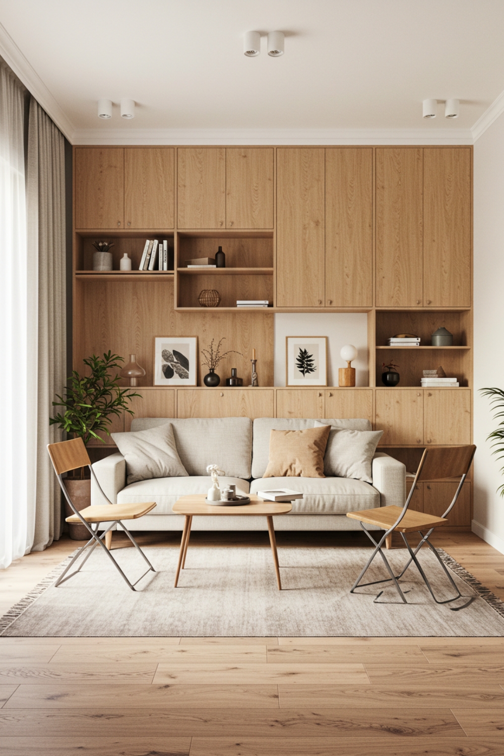 Minimalist Living Room With Built-in Wooden Shelves 