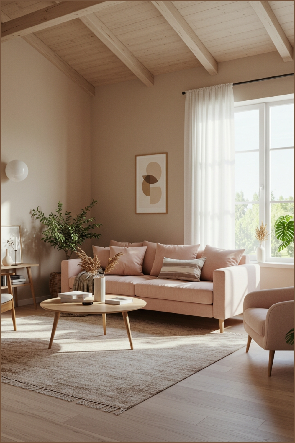 Minimalist Modern Living Room With Soft Beige Walls Exposed Wooden