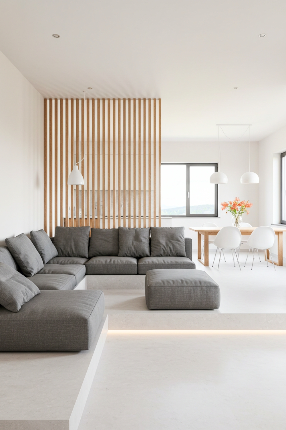 Minimalist Modern Living Room With Sunken Gray Sofa 