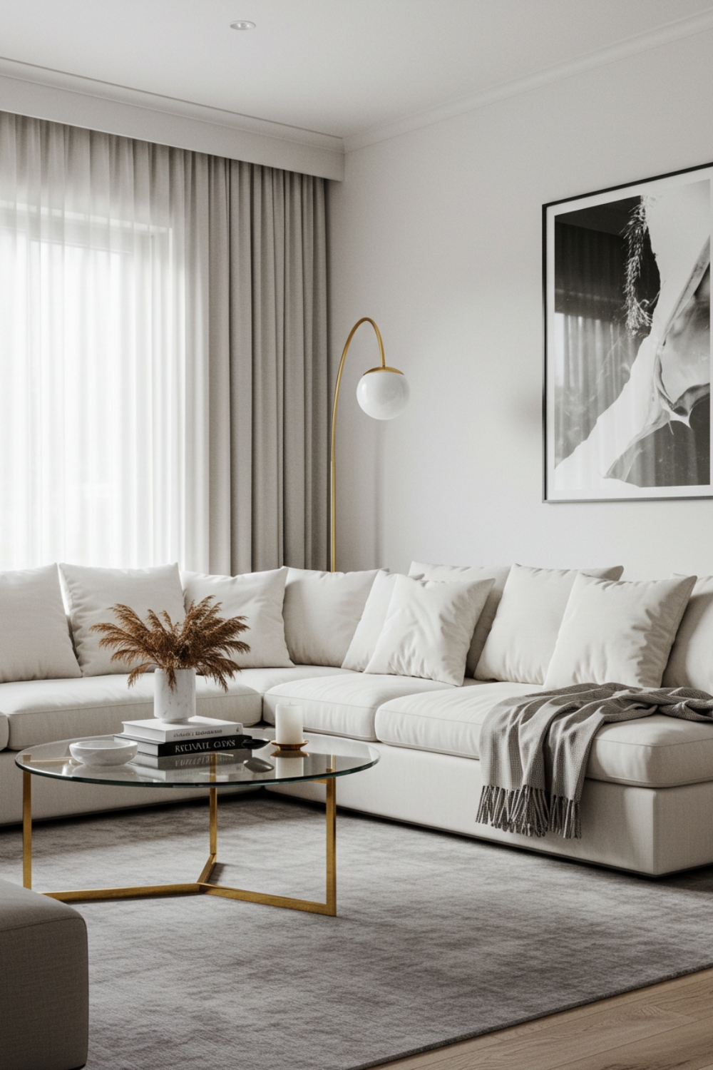 Minimalist Living Room With White Sectional And Neutral Pillows 