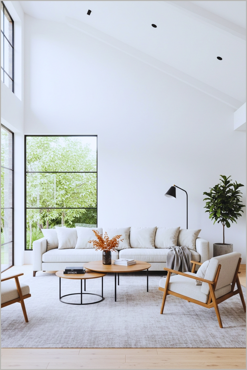 Minimalist Open Concept Living Room With Soaring High Ceilings And Large
