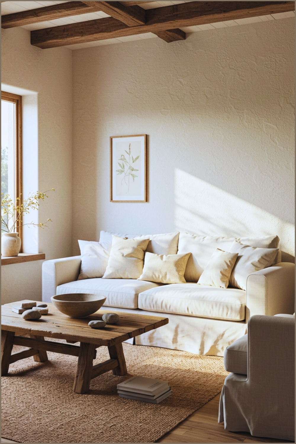 Minimalist Rustic Living Room With White Textured Plaster Walls