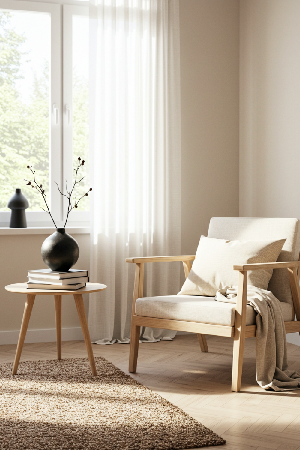Scandinavian Living Room Corner With Light Wood Chair 