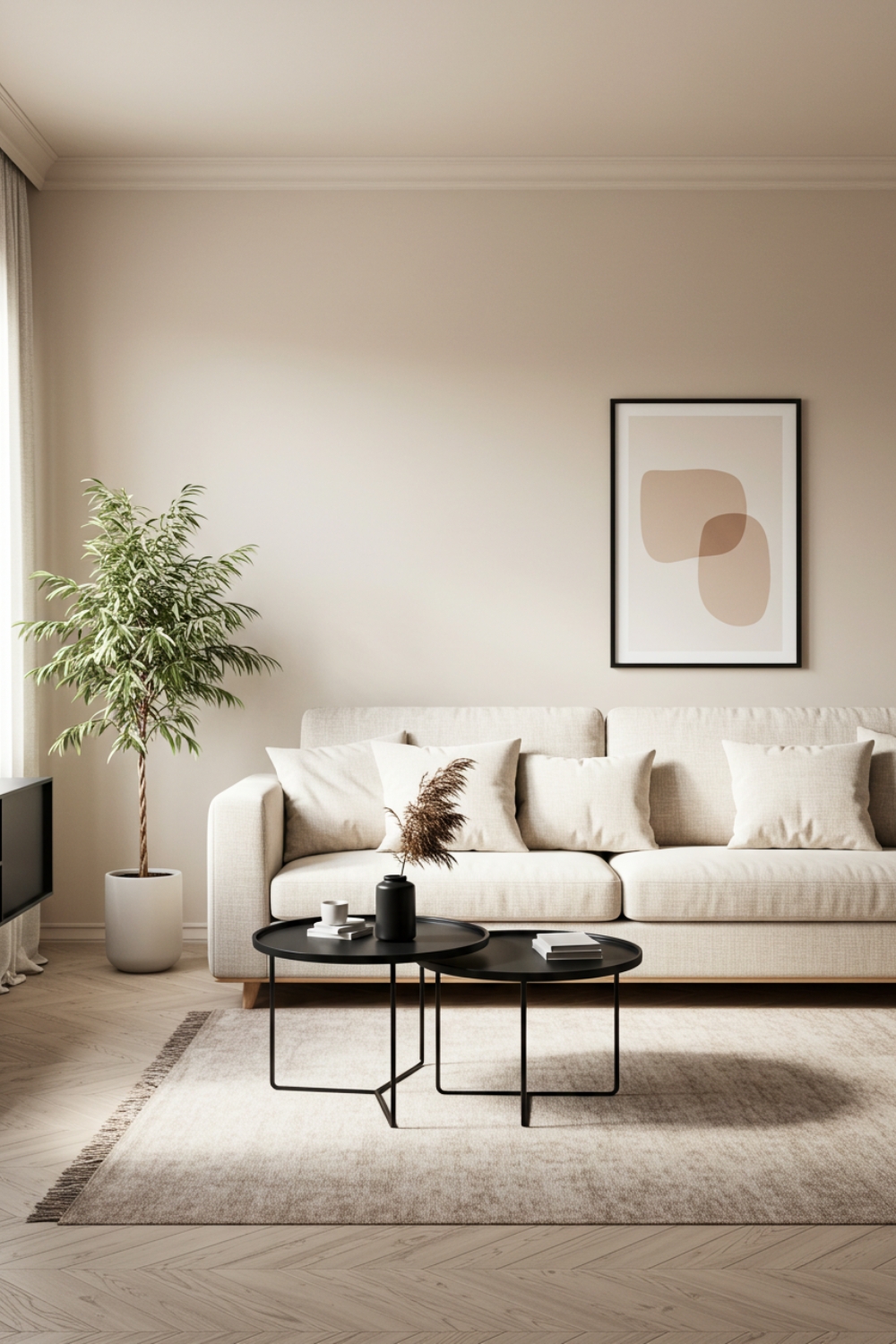 Minimalist Scandinavian Living Room With Light Beige Walls 