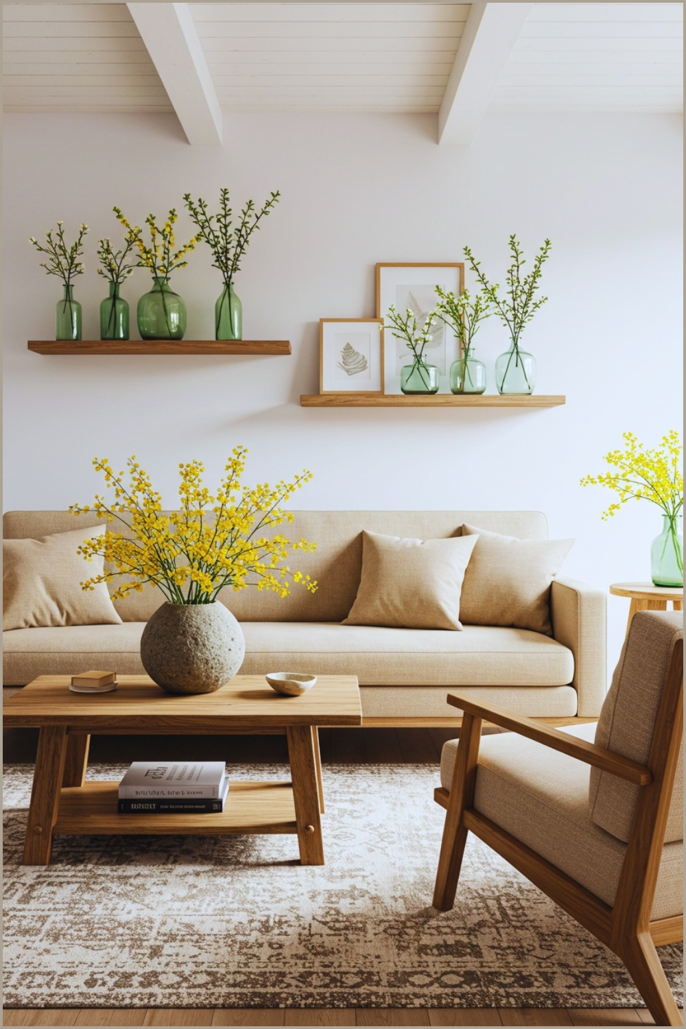 Minimalist Spring Living Room With Beige Sofa And Wooden Furniture